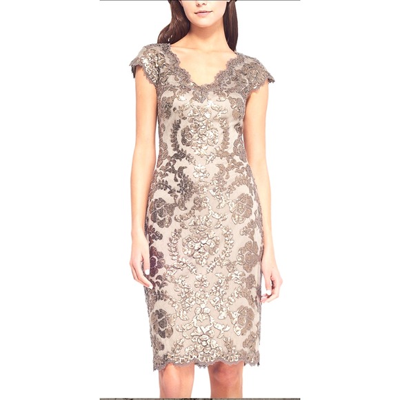 TADASHI Shoji Paillette Embroidered Lace Dress Stretch Smoke Pearl Size 6 Small - Picture 1 of 10